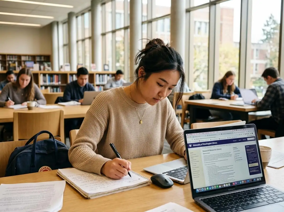 Student focused on coursework in library